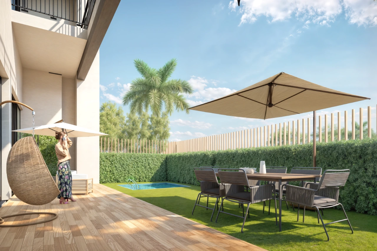 Berkeley Square residences and landscaped surroundings in daylight